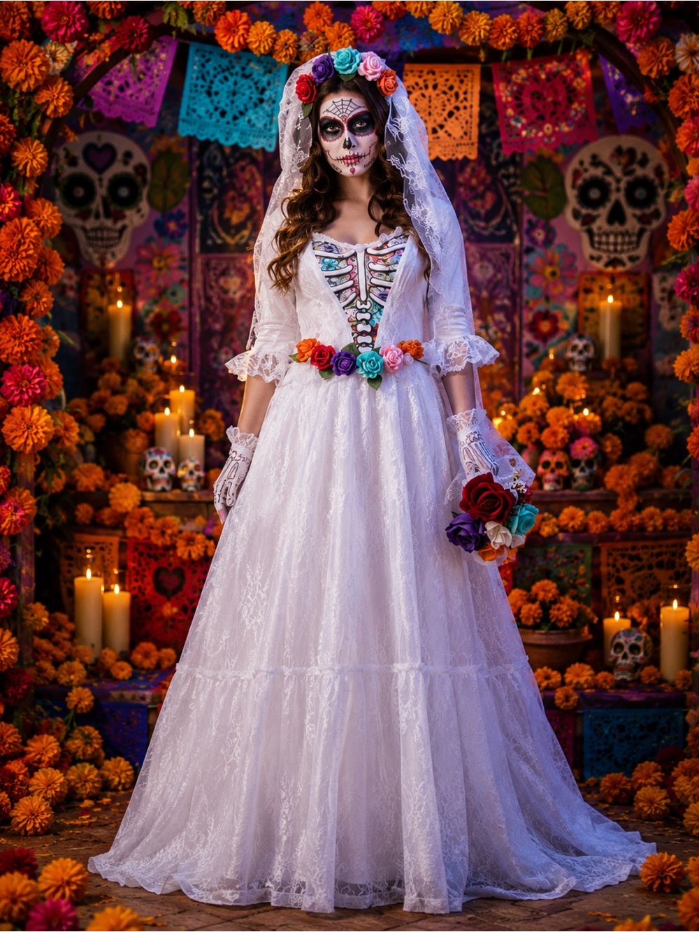 Dead Bride Adult Costume with Colorful Flower Accents S (6-8)